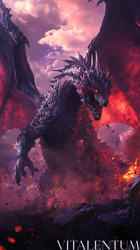 Ember-crowned dragon surges from a storm of molten dusk.