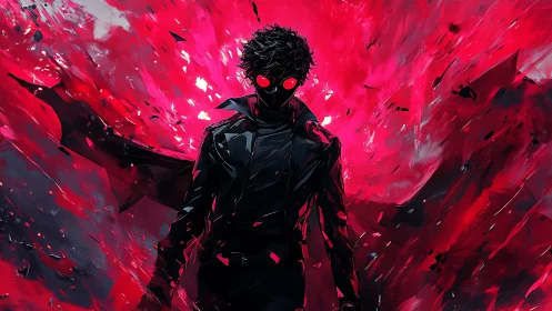 Shadowed antihero emerges amid explosive crimson energy.