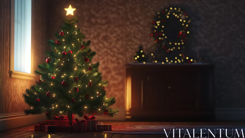 Lit Christmas tree with gifts in warm living room.