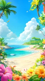 Tropical Beach Paradise with Vibrant Floral Framing and Azure Waters