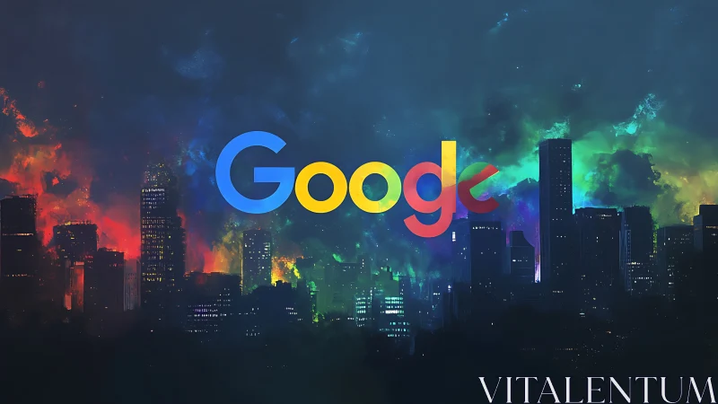 Google logo glows above neon city skyline in vibrant night