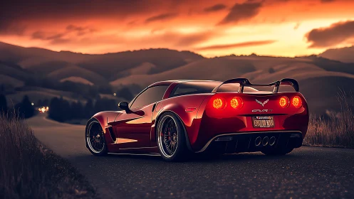 Low-slung red sports car prowls a sunset mountain highway
