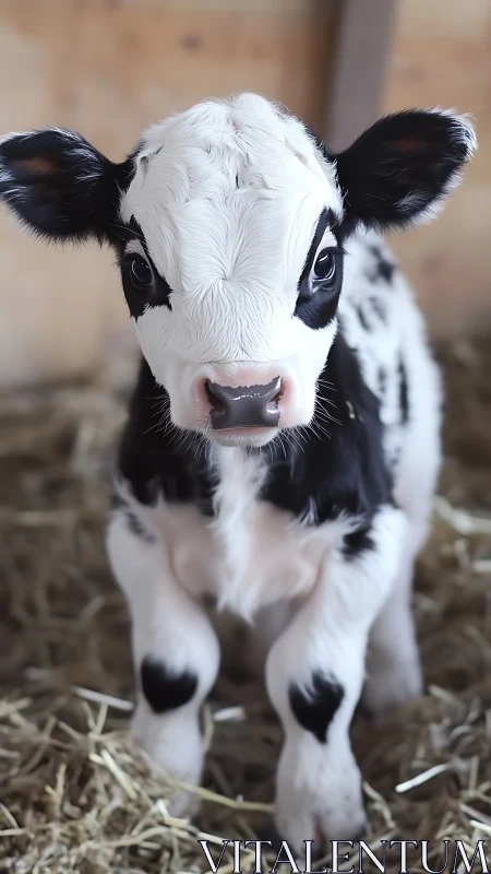 Close-up Holstein calf portrait on straw bedding in barn