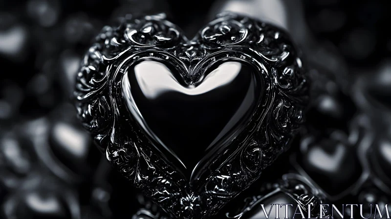 Ornate Black Heart Sculpture in Glossy Baroque Style Close-Up.