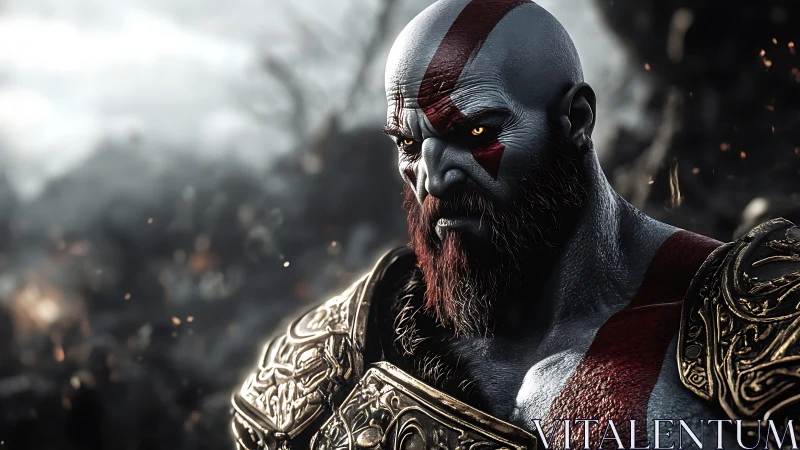 Warrior with crimson markings in ornate golden armor stands.