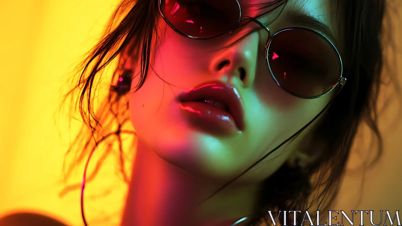 Neon lit close up portrait with reflective round sunglasses.