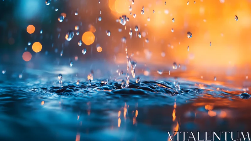 Macro water splash under orange bokeh with cool blue tones.
