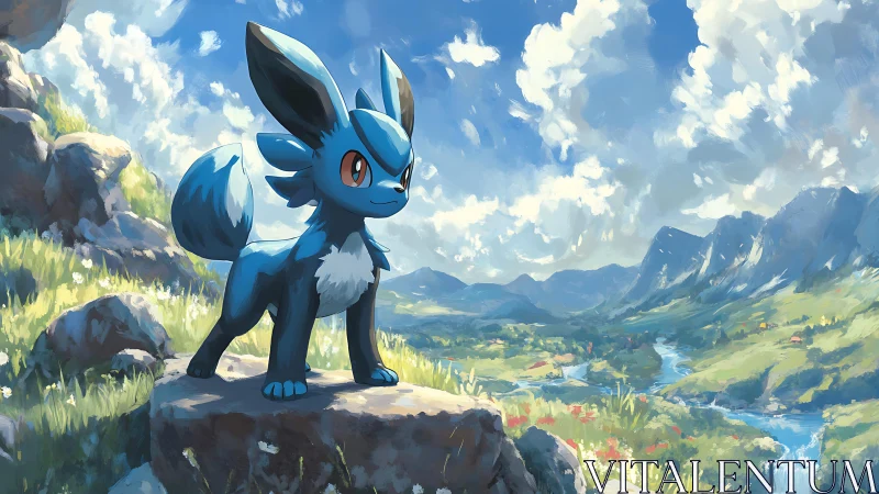 Blue fox-like creature surveys luminous valley landscape.