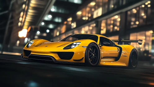 Yellow supercar slices through neon city night streets