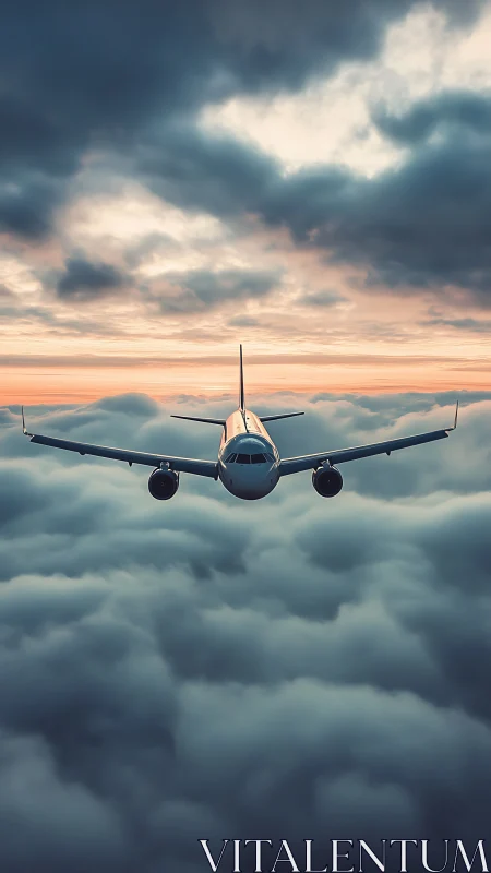 Commercial jet aircraft flying above dense cloud layer.