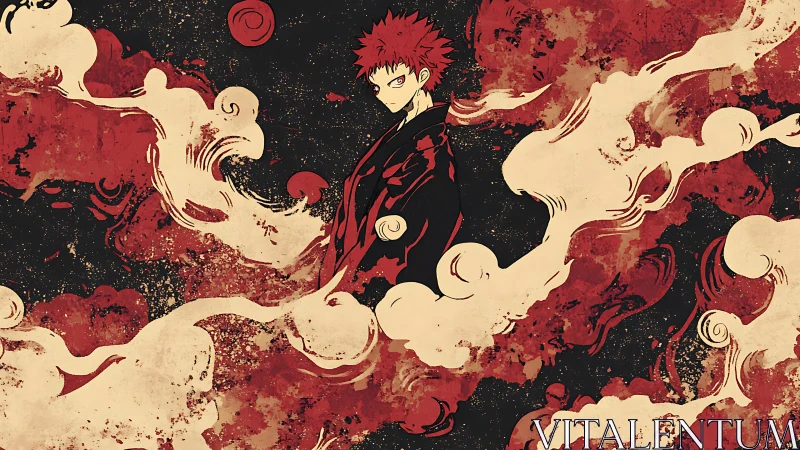 Fiery red‑haired hero rises within swirling painted smoke