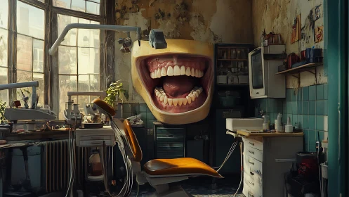 Surreal decayed dental clinic with giant floating mouth installation.