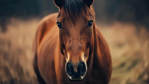 Gentle brown horse gazing softly in a quiet country field.