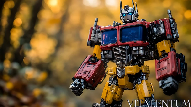 Bold red and yellow robot stands ready in a glowing forest