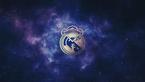 Gold crowned emblem suspended against deep violet starfield