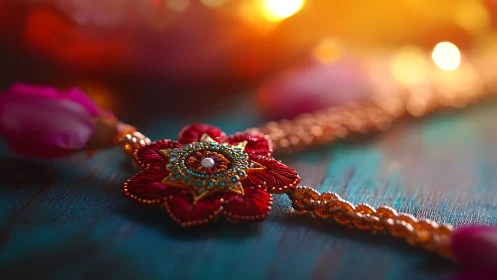 Radiant festive rakhi resting in warm golden candlelight.