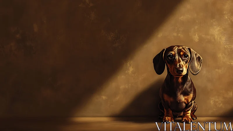 Small dachshund sits in directional light against brown wall