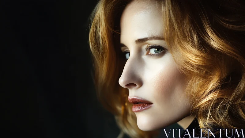 Side-lit portrait of woman with copper waves and intense gaze.