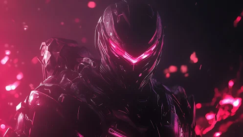 Cybernetic combat exosuit portrait with neon magenta visor glow