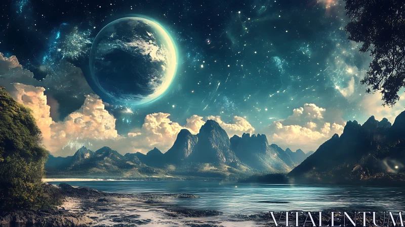 Dreamy alien coastline under a glowing celestial sky.