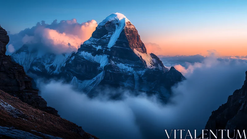 Snowy peak emerging through clouds at sunset light.