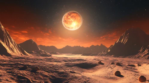 Fiery alien moonrise above rugged red desert canyon.