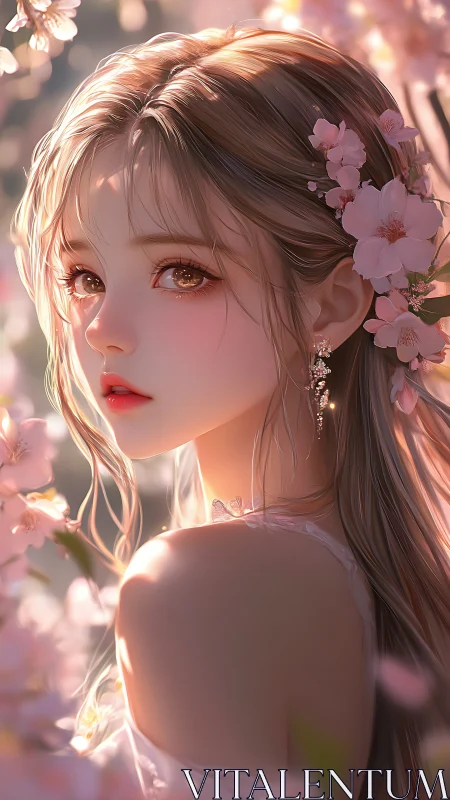 Gentle spring girl glows softly among pink cherry blossoms