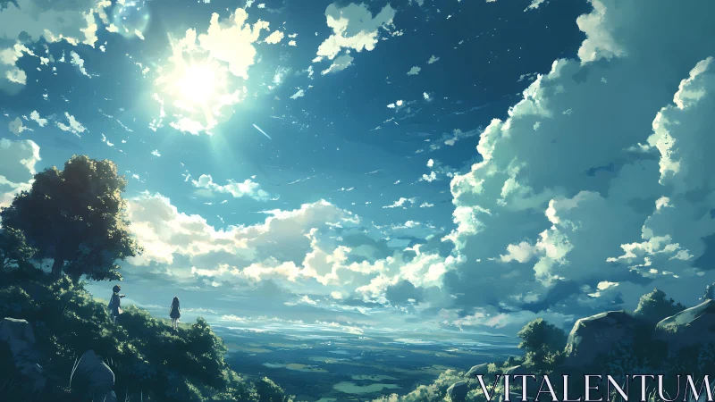 Two figures on hill under expansive cloud-filled sky.