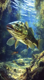 Largemouth bass illuminated in high-contrast freshwater reef environment
