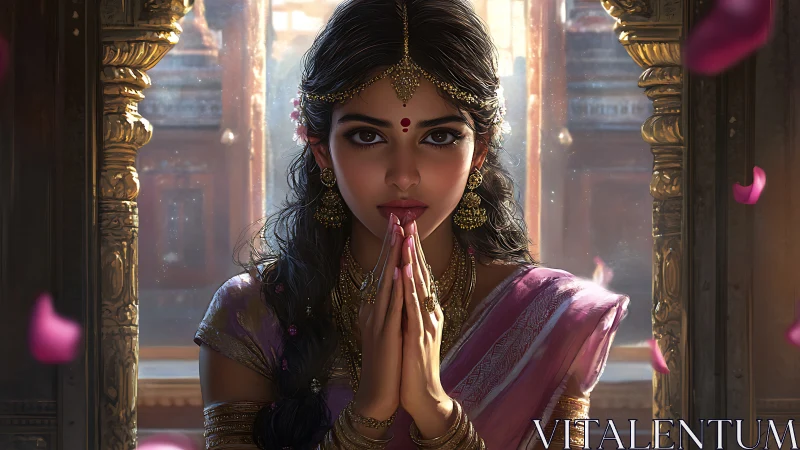 Digital painting portrays regal woman in temple light