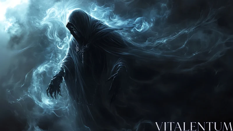 Spectral reaper in swirling cyan mist, hooded and skeletal.