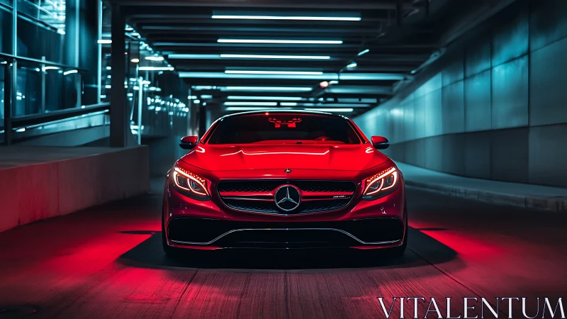 Red Mercedes coupe under neon tunnel lighting at night.