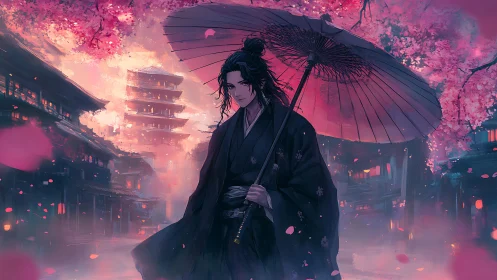 Lone samurai walks under cherry blossoms at dusk in Kyoto