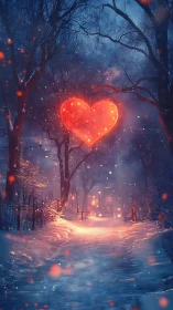 Glowing Heart in Snowy Forest Path at Night