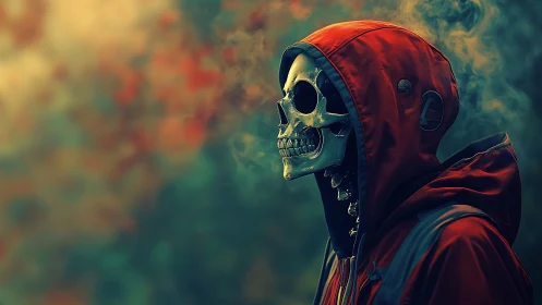 Hooded chrome skull stands in swirling neon smoke haze