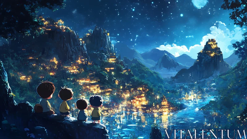 Children watch luminous river city under star-filled night sky