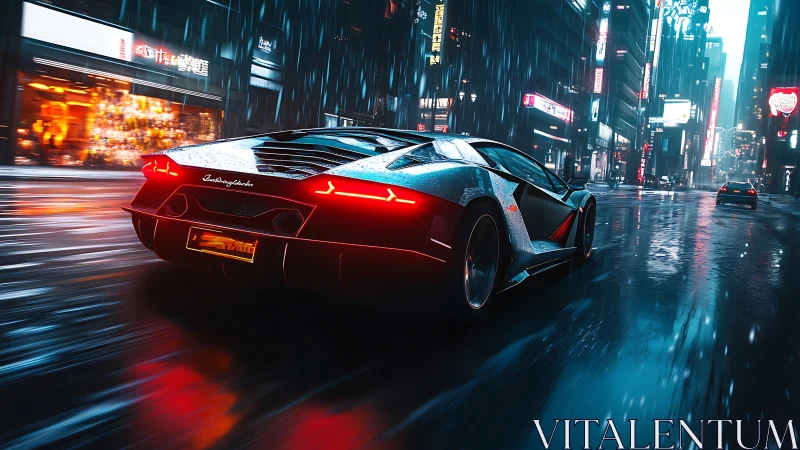 Supercar accelerates through neon-lit rain-soaked cyber street