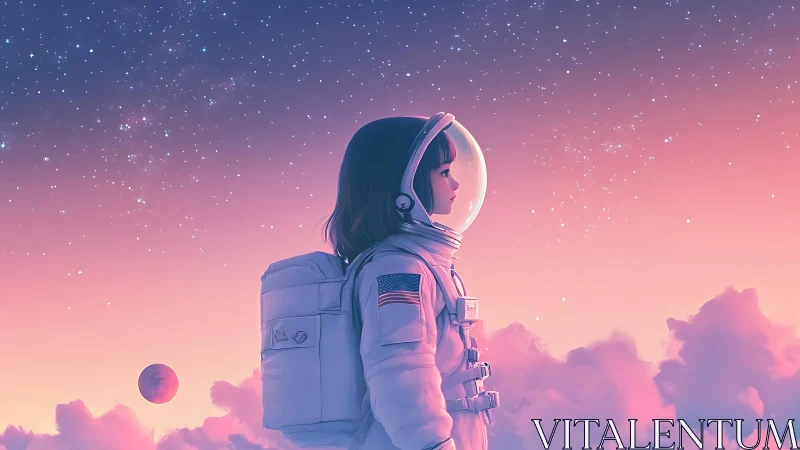 Young astronaut daydreams under a soft pink galaxy sky.