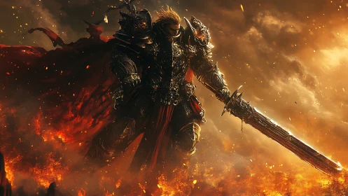 Armored flame warrior strides through burning battlefield