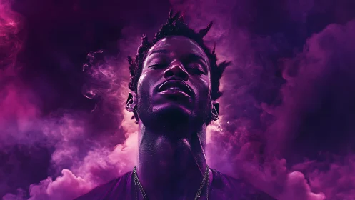 Neon-lit portrait isolates subject in deep violet haze.