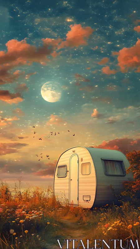 Moonlit caravan in wildflower meadow under luminous dusk sky