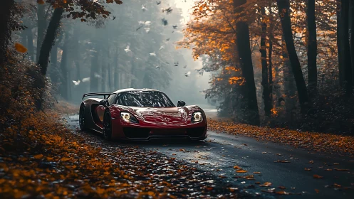 Crimson supercar prowls a misty autumn forest road at dusk.