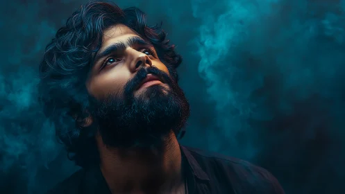 Bearded man gazes upward through teal atmospheric smoke