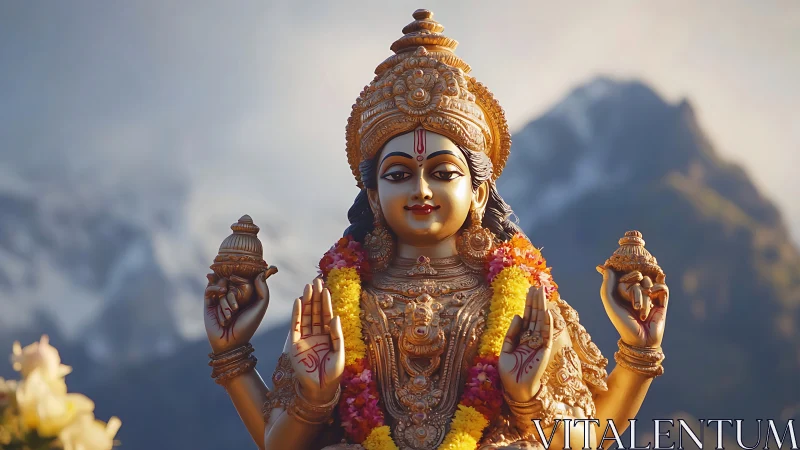 Gilded Hindu goddess statue stands before misty alpine mountains