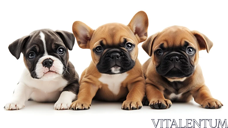 Three short-muzzled puppies lie in parallel on white background