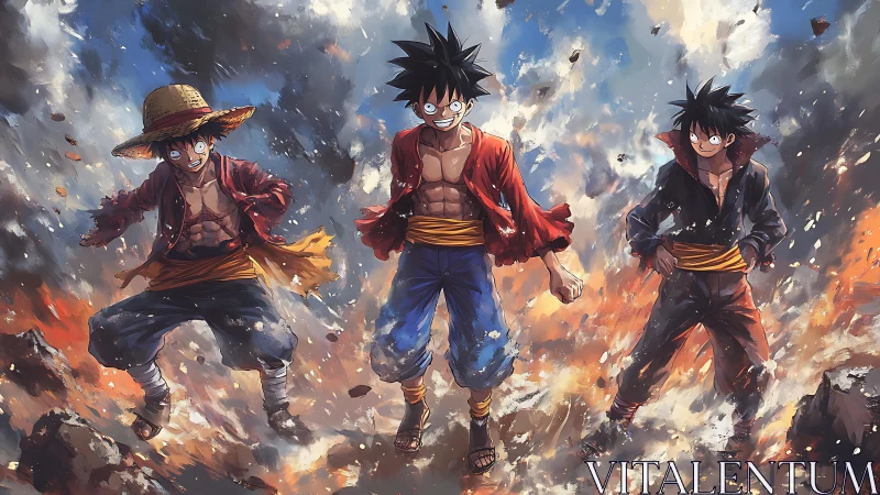 Three fiery heroes stride through a storm of rising sparks.