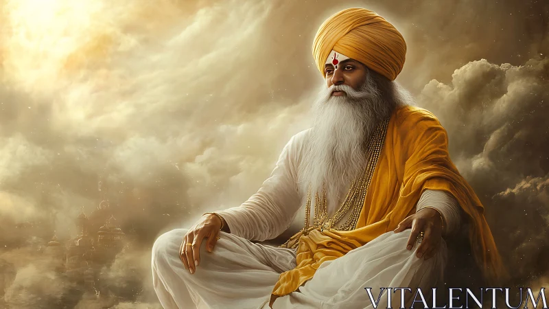 Mystic turbaned sage meditates above glowing cloud realm