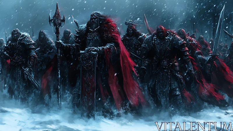 Dark legion marches through blizzard in bloodred cloaks.