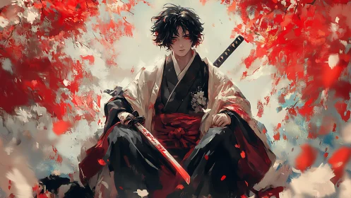 Samurai warrior seated in crimson maple storm, digital art.