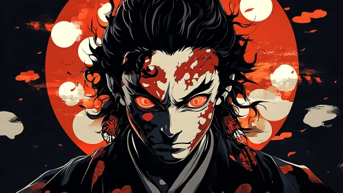 Intense anime warrior under red moon with stylized flames.